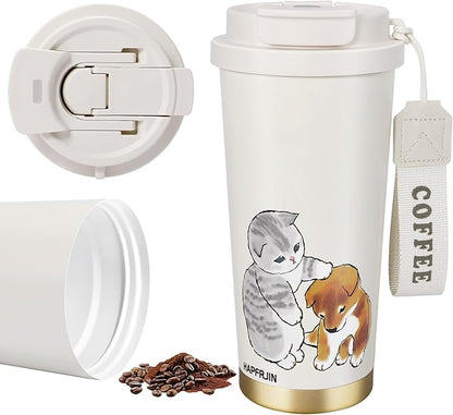 16 OZ Insulated Tumbler With Lid And Straw, Stainless Steel Cat Dog Tumbler, Travel Water Ceramic Lined Coffee Tumbler, Double Wall Vacuum Leak Proof Mug Cup For Office School Party Camping