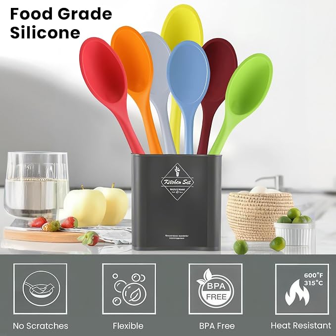 GEEKHOM Silicone Cooking Spoons, 2 Pieces 11" Heat Resistant Silicone Kitchen Utensils Set Large Serving Stirring Spoons for Non Stick Cooking, Mixing, Basting, Baking, Black