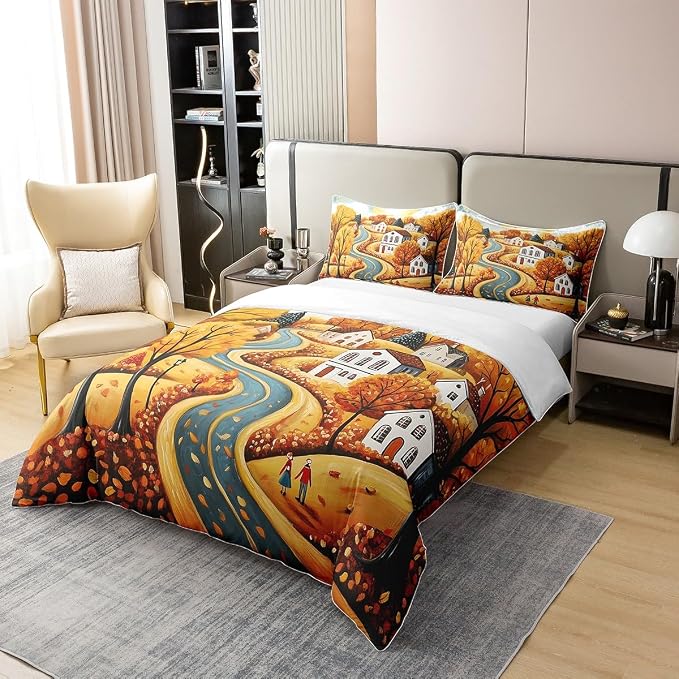 Castle Fairy Fall Countryside 100% Natural Cotton Duvet Cover Queen Maple Leaves Tree Comforter Cover Autumn Landscape Bedding Set 3 Pcs Bed Cover,Comforter Not Included