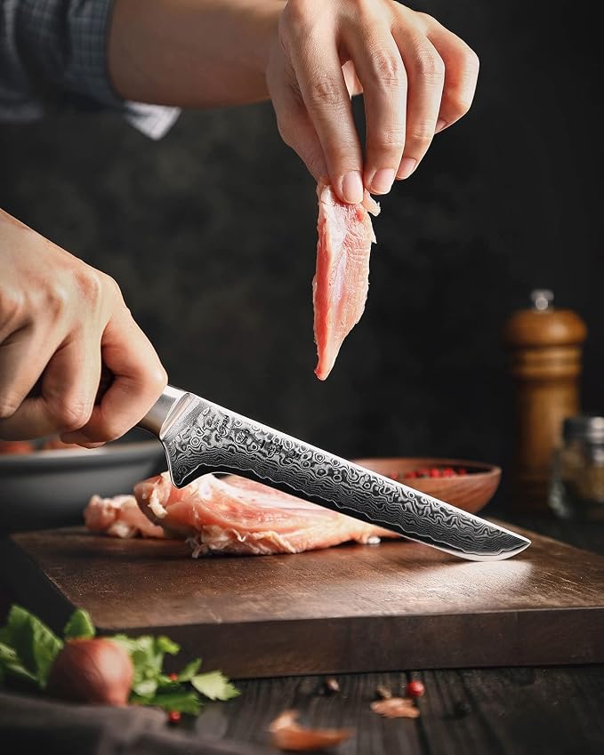 HEZHEN 6-Inch Boning Knife – 67 Layers Damascus Steel, Professional Meat Trimming & Deboning Knife for Home Cooking, Figured Sycamore Handle