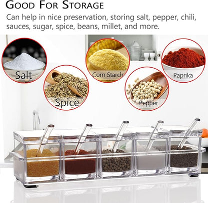 V·RESOURCING Clear Seasoning Box, 5 Pieces Clear Seasoning Storage Container for Spice Salt Sugar Cruet,Condiment Jars with Spoons