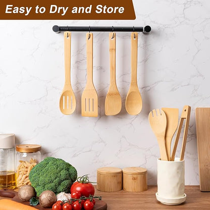 Eisinly Wooden Spoons for Cooking 7-Piece, Kitchen Nonstick Bamboo Cooking Utensils Set, Durability Wooden Spatula Spoon for Everyday Use, Smooth Edge