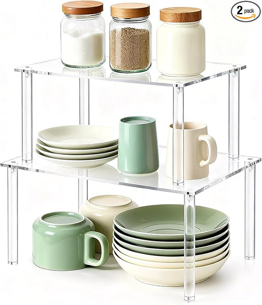 Acrylic Clear Dish Organizer for Cabinet, Set of 2 Spice Rack Organizer Stackable for Pantry and Small Spaces, Desk Countertop Shelf Organizer for Kitchen Bathroom Cupboard Storage