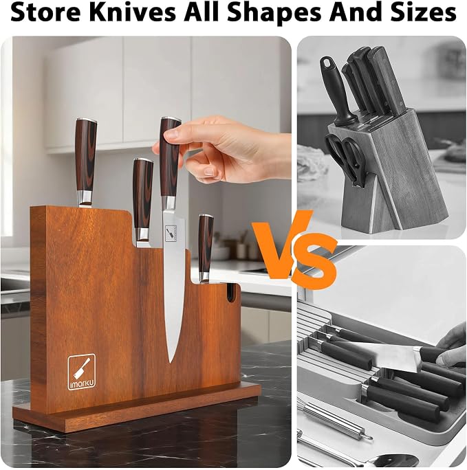imarku Magnetic Knife Block Holder, 13 x 10 Inches, imarku Magnetic Knife Holder Rack for Kitchen Counter, Double Sided Magnet Knife Storage Stand with Knife Sharpener, Stepped Block