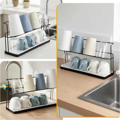 2-Tier Bottle Drying Rack Cup Cradle Storage with Drain Removable Tray Mug Organizer Over Sink Instant Dry Small Dish Dryer for Kitchen Countertop Water Bottles and Tumblers,Coffee Mugs, Glasses 15.7“