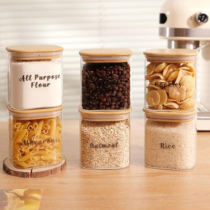 6 Pcs Square Glass Pantry Storage Containers with Bamboo Airtight Lid and 248 Clear Pantry Labels Preprinted - 24oz Thicken Glass Food Storage Jars for Coffee, Cookie, Tea, Sugar, Spice