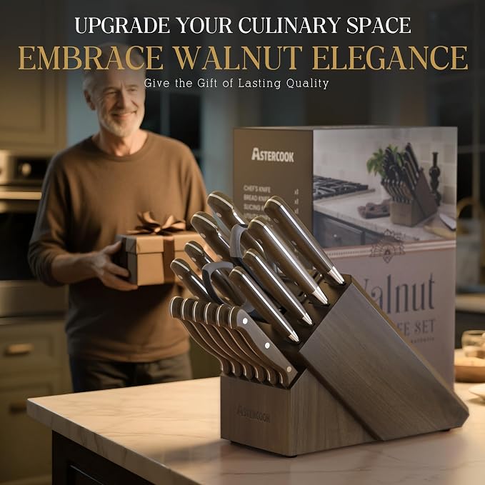 Astercook 17-Piece Knife Block Set with Built-in Sharpener, German Stainless Steel Full Tang Kitchen Knives, Ergonomic Walnut Handle Cutlery Set for Home Cooking & fathers day gift for Dad