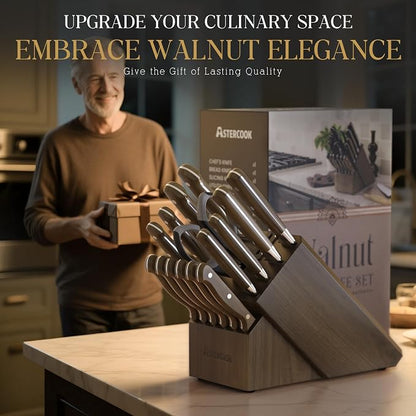 Astercook 17-Piece Knife Block Set with Built-in Sharpener, German Stainless Steel Full Tang Kitchen Knives, Ergonomic Walnut Handle Cutlery Set for Home Cooking & fathers day gift for Dad