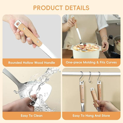 9pcs Cooking Utensils Set 304 Stainless Steel Kitchen Utensils with Wooden Hanlde Metal Kitchen Utensils Soup Ladle Set Dishwasher Safe Kitchen Essentials Set Kitchen Tool Set, Dishwasher Safe