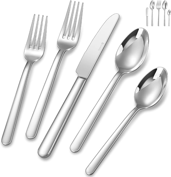 KEAWELL Premium Aline Silverware Set, 45-Piece Mirror-Polished 18/10 Stainless Steel Flatware, Dishwasher Safe for Refined Dining and Entertaining (45, Silver)