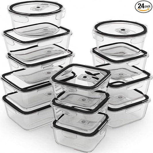 Razab 24 Pc Airtight Glass Food Storage Containers - Glass Meal Prep Containers - Freezer to Oven Safe - Steam Release Valve BPA Free - Airtight Bento Boxes - Leak Proof (12 lids & 12 Containers)