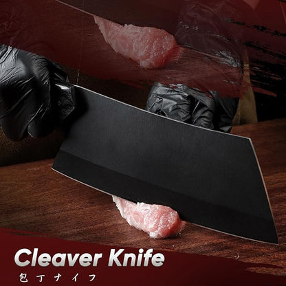 TIVOLI Meat Cleaver Knife 7inch - Black Butcher Knife for Meat Cutting - Japanese High Carbon Steel Cleaver for Vegetables Chopping - Kitchen Cooking Knives with Wooden Handle - Gift for Men and Women