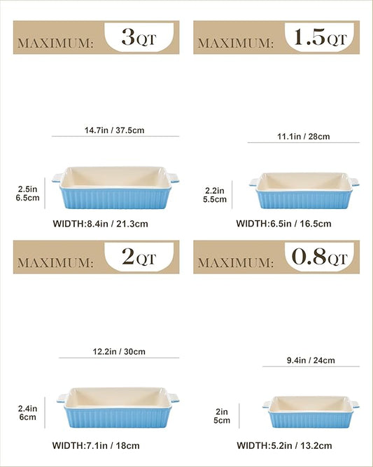 MALACASA Casserole Dishes for Oven, Porcelain Baking Dishes, Ceramic Bakeware Sets of 4, Rectangular Lasagna Pans Deep with Handles for Baking Kitchen, Blue (9.4"/11.1"/12.2"/14.7"), Series BAKE.BAKE