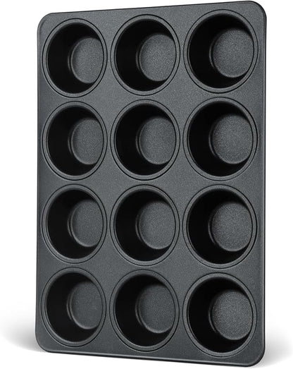 E-far Nonstick Muffin Pans 12 Cups, Stainless Steel Muffin Tin Cupcake Pan Tray for Baking, Stainless Steel Core & Non Toxic, Easy Release & Easy Clean, Black