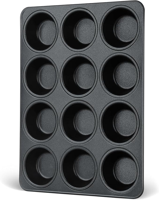E-far Nonstick Muffin Pans 12 Cups, Stainless Steel Muffin Tin Cupcake Pan Tray for Baking, Stainless Steel Core & Non Toxic, Easy Release & Easy Clean, Black