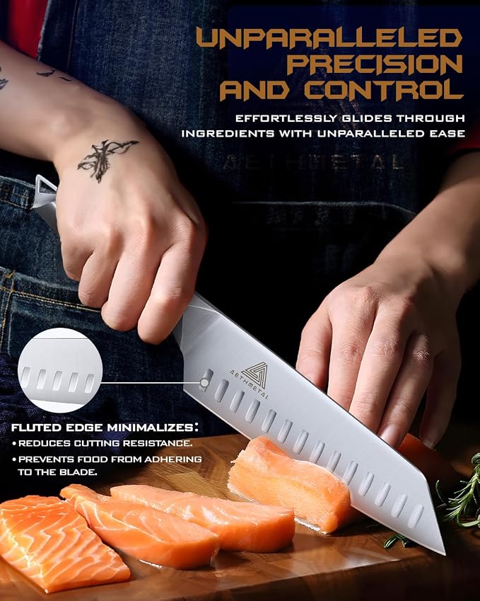 7 Inch Santoku Knife, Full Tang Kitchen Knife with Hollow-Ground Blade, High Carbon Stainless Steel Chef Knife for Meat, Vegetables & Fruits, Ergonomic Metal Handle, Premium Gift Box