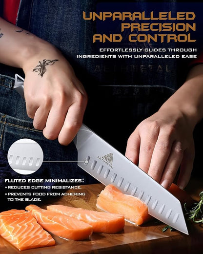 7 Inch Santoku Knife, Full Tang Kitchen Knife with Hollow-Ground Blade, High Carbon Stainless Steel Chef Knife for Meat, Vegetables & Fruits, Ergonomic Metal Handle, Premium Gift Box