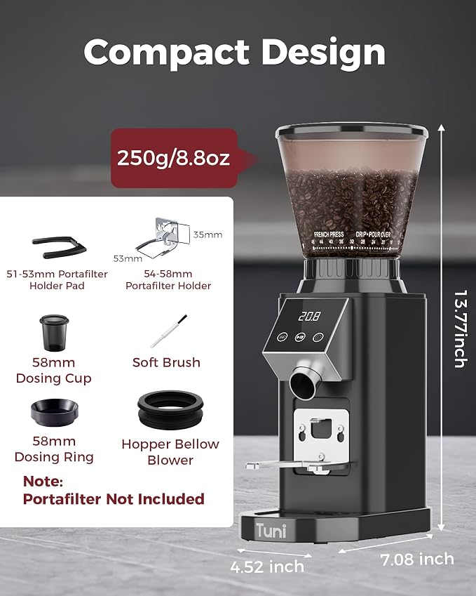 Tuni G1 Black Conical Burr Coffee Grinder with Black Digital Coffee Scale, 48 Grind Settings Anti-static Coffee Bean Espresso Grinder for Espresso/Drip/Cold Brew/French Press