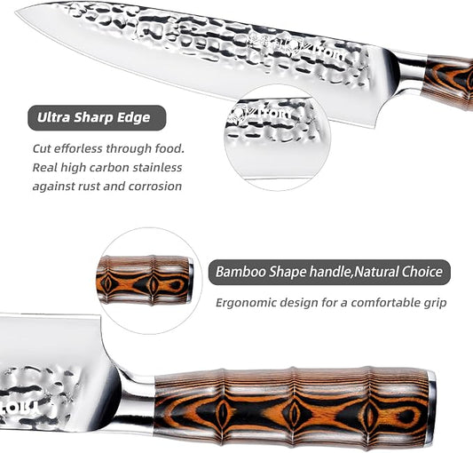 Kitory Chef Knife 8 Inch Professional Japanese Kitchen Knife HC Stainless Steel Hammered Ultra Sharp Blade Ergonomic Bamboo Handle for Home Restaurant Gift