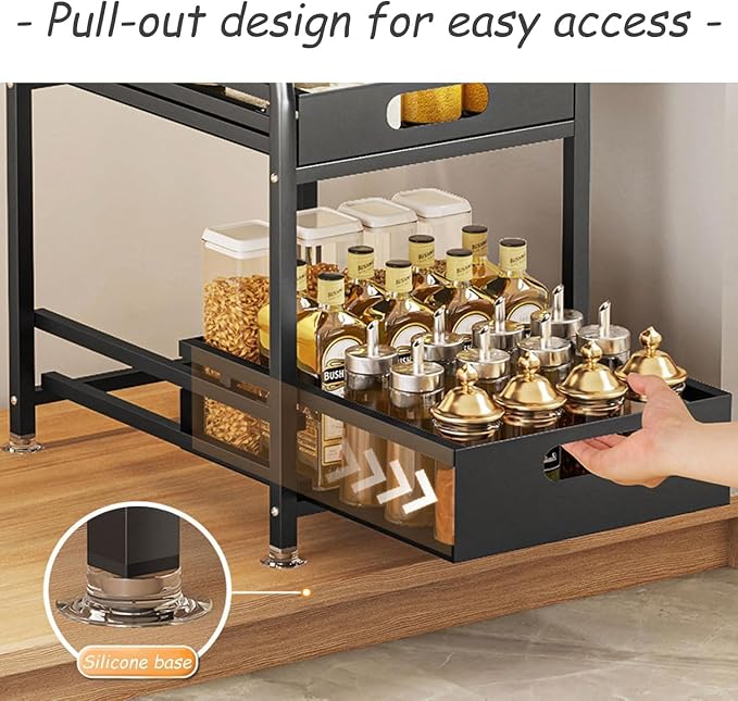 2 Tier Pull-out Storage Organizer, Slide Out Kitchen Cabinet Storage Sliding Shelves, Under Sink Organizers Drawer, Multi-Purpose Storage Rack for Kitchen Pantry, Bathroom Countertop Storage (Black)