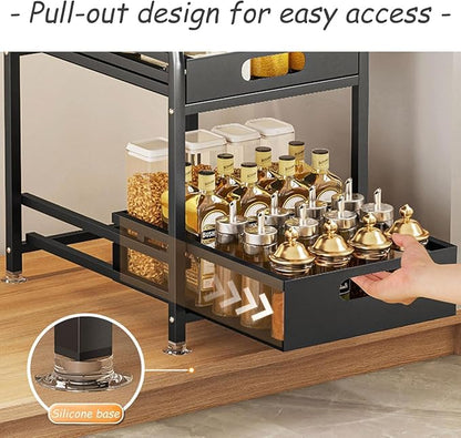 2 Tier Pull-out Storage Organizer, Slide Out Kitchen Cabinet Storage Sliding Shelves, Under Sink Organizers Drawer, Multi-Purpose Storage Rack for Kitchen Pantry, Bathroom Countertop Storage (Black)