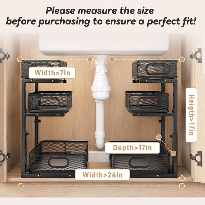 3-Tier Under Sink Organizer 2-Pack, Thickened Metal Pull out Cabinet Shelf, Height Adjustable Slide Out Drawer Storage Rack for Bathroom Kitchen Pantry Laundry Home Office Organization (Black)