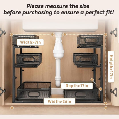3-Tier Under Sink Organizer 2-Pack, Thickened Metal Pull out Cabinet Shelf, Height Adjustable Slide Out Drawer Storage Rack for Bathroom Kitchen Pantry Laundry Home Office Organization (Black)