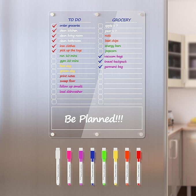 Neatsure Acrylic Grocery List Magnet Pad for Fridge, Reusable to Do List for Refrigerator, Clear Notepad Note Planning Board, Shopping List, Reminders, w/ 8 Colors Markers, 15"x11"