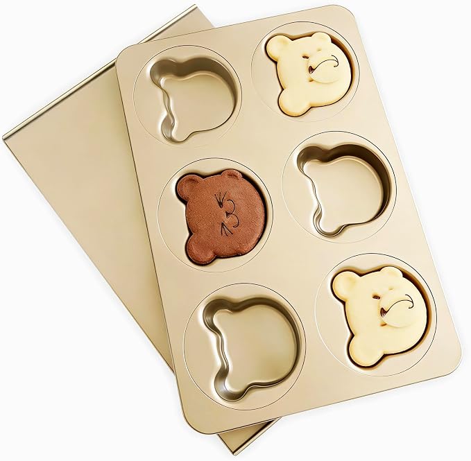 6 Cup English Muffin Pan with Sliding Lid, Bear Shaped Muffin Pans, Nonstick Carbon Steel Hamburger Bun Mold, Cute Bear Muffins Tin for Donut Sandwich Quiche Pancake