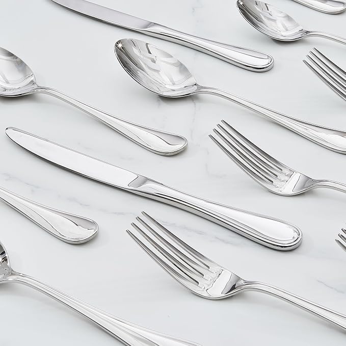 KINGSTONE 48 Piece Teardrop Silverware Set with Steak Knives, 18/10 Stainless Steel Flatware Set for 8, Modern Design Cutlery Set for Home/Hotel/Wedding,Mirror Polished and Dishwasher Safe
