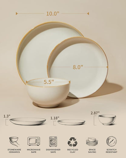 Pokini Stoneware Dinnerware Sets for 6, 18 Piece Microwave Safe Plate and Bowl Set, Easy to Clean & Durable Dishes Sets for Small to Medium Families, Yellow White