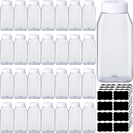Mifoci 28 Pack 16 oz Plastic Spice Jars with Cap Square Plastic Bottle Containers with Shaker Lids and Stickers Large Seasoning Shaker Empty Powder Storage Container for Storing Salt Herbs (White)