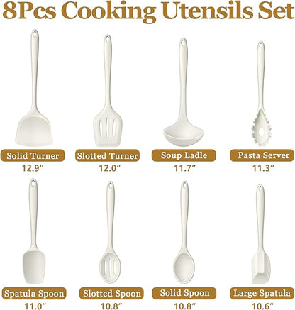 LIANYU 8Pcs Kitchen Cooking Utensils Set, Silicone Utensil Sets, Heat Resistant Kitchen Gadgets Essentials for Nonstick Cookware with Spatula, Spoon, Tuner, Ladle, Dishwasher Safe, White