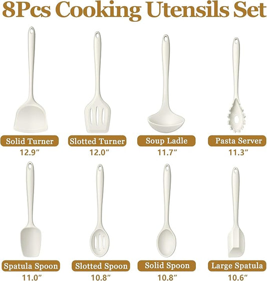 LIANYU 8Pcs Kitchen Cooking Utensils Set, Silicone Utensil Sets, Heat Resistant Kitchen Gadgets Essentials for Nonstick Cookware with Spatula, Spoon, Tuner, Ladle, Dishwasher Safe, White