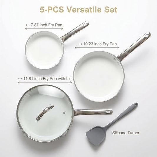 5 Piece Nonstick Cookware Set, Aluminum Frying Pan Set with Glass Lid and Silicone Turner, PFAS and PFOA Free, Induction Compatible Pots and Pans for All Stovetops