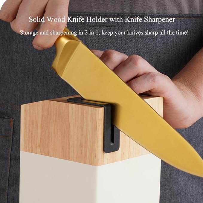 Aesthetic Gold White Kitchen Knife Set,7Pcs Gold Titanium Coated Dishwasher Safe Knife Block Sets,Wooden Block with Built-In Sharpener,Luxury Gift for Women Housewarming