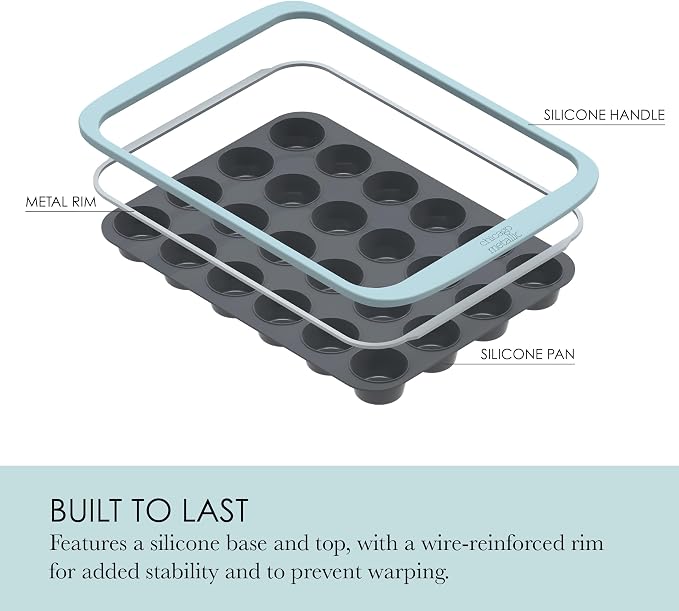 Chicago Metallic Silicone Mini Muffin Pan 24 Cup, Nonstick Cupcake Pan with Wire-Reinforced Rim, Oven Safe Flexible Baking Mold for Muffins, Egg Bites, and More, Blue, 14.6 x 10 Inches