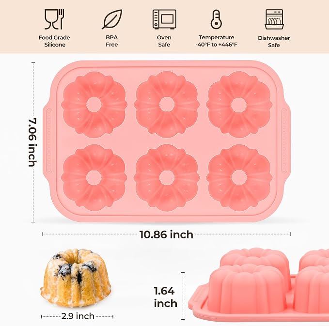 FUNBAKY 3 Inch Mini Fluted Tube Cake Pans for Baking with Metal Reinforced Frame, 2Pcs Silicone 6-Cavity Mini Flan Molds, Nonstick Baking Mold for Cupcake, Brownie, Donuts, Cornbread, Jello