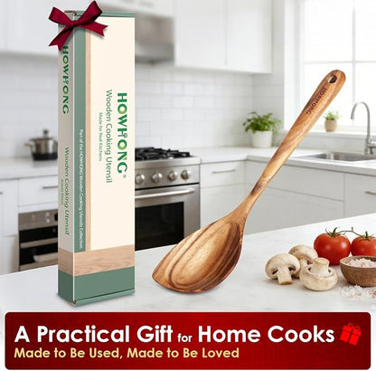 HOWHONG Corner Spoon Wooden Cooking Utensil, Long Handle Acacia Wood Spoon for Cooking, Large Head for Pan Edges, Smooth Finish, Nonstick Cookware Safe, Bare Wood Feel for Daily Kitchen Use