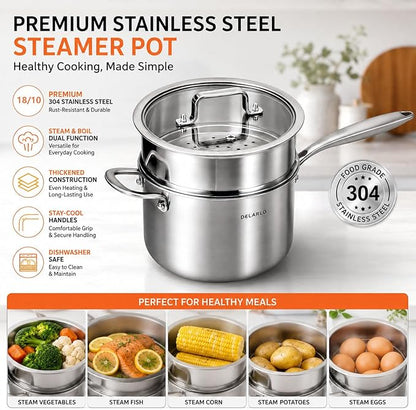 DELARLO Tri-Ply Whole-Clad Stainless Saucepan 3.5 Quart Steamer Set With Glass Lid, Ergonomic Handle, Vegetable Steamer, Steamer for Cooking, Multipurpose Sauce Pan, Kitchen Sauce Pot, Oven Safe