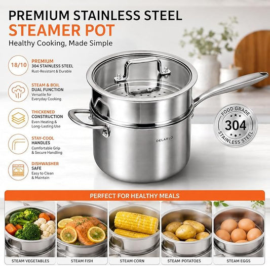 DELARLO Tri-Ply Whole-Clad Stainless Saucepan 3.5 Quart Steamer Set With Glass Lid, Ergonomic Handle, Vegetable Steamer, Steamer for Cooking, Multipurpose Sauce Pan, Kitchen Sauce Pot, Oven Safe