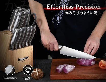 Huusk Knife Set with Block and Sharpener, 14 Pcs Japanese Stainless Steel Kitchen Knife Sets, Sharp Silver Professional Knives Set with Box for Kitchen, Gifts for Men Women