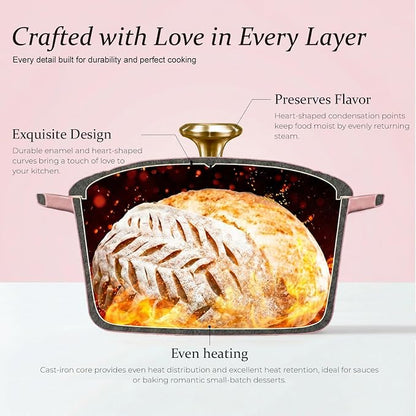 Overmont Heart-Shaped Enameled Cast Iron Dutch Oven, 2QT Pink Mini Pot with Lid for Cozy Meals, Soups & Small Batch Baking, Cute Kitchen Cookware Gift for Wedding, Housewarming & Birthday