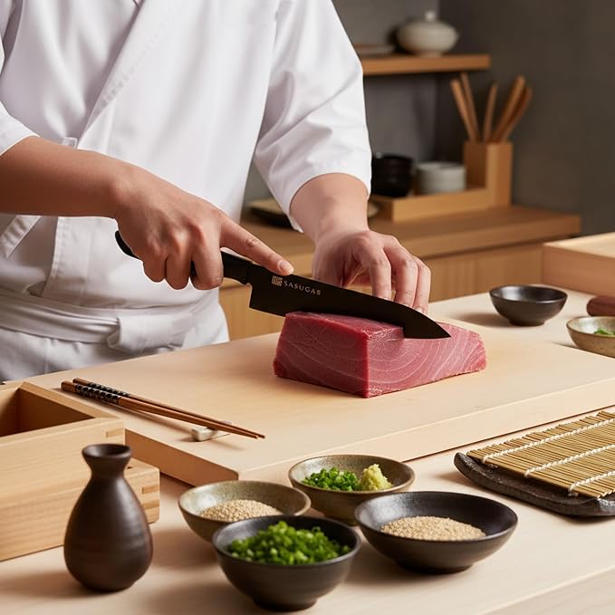 SASUGA Lightweigth Japanese Santoku Chef’s Knife 170mm – Made in Japan | Molybdenum-Vanadium Stainless Steel | Razor-Sharp, Rust-Resistant Blade for Meat, Fish & Vegetables