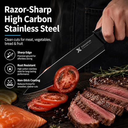 XANAPON Knife Set, 14 Pieces Kitchen Knife Set, High Carbon German Stainless Steel, Dishwasher Safe Cutlery with Built-in Knife Sharpener, Black