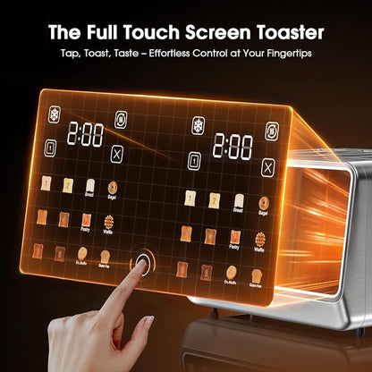 4 Slice Toaster with Dual Touchscreen, 1800W Stainless Steel Dual Zone Independent Control Extra Wide Slot 1.5 Inch, Smart BreadID Timer for Bagel Waffle, Kitchen Essentials