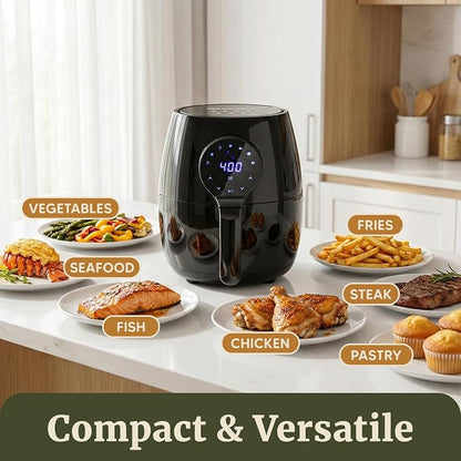 Elite Gourmet EAF5317D Digital 5.3Qt Hot Air Fryer 7 Menu Functions 1350W Oil-Less Healthy Cooker, Timer & Temperature Controls, PFOA/PTFE Free, Black