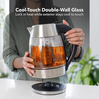 OVENTE Electric Tea Kettle with Temperature Control, Removable Tea Infuser, Easy to Fill Lid, Keep Warm Function, Auto Shut-Off, 1.7L Double Wall Borosilicate Glass, Stainless Steel Base, Silver KD68S