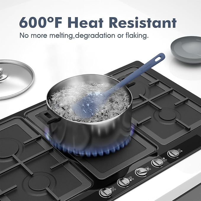 Stovetop with pot boiling water, featuring text about heat resistance.