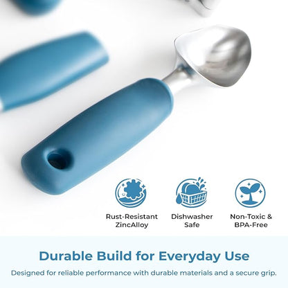 OOU Ice Cream Scoop, Stainless Steel Dessert Scoop with Premium Zinc Alloy Construction, Comfortable Ergonomic TPE Non-Slip Grip Handle, Blue